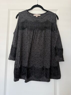 LOFT Gray and Black Polka Dot Lace-Trim Tunic